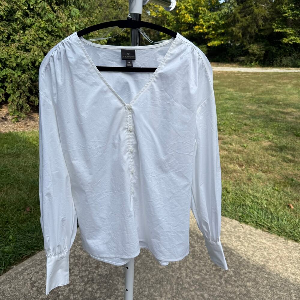 Worthington Blouse V-Neck Poplin Button Front Modern‎ Women Size M White Top
